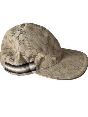 Gucci Beige Monogram Baseball Hat with Stripe Detail